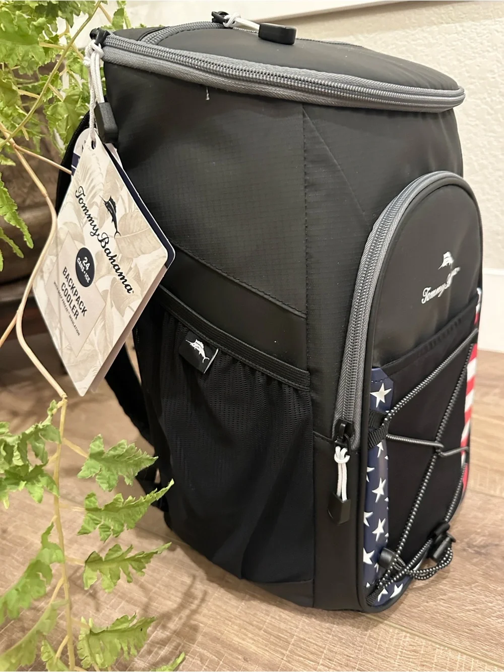 Tommy Bahama Black Cooler Backpack with American Flag Trim